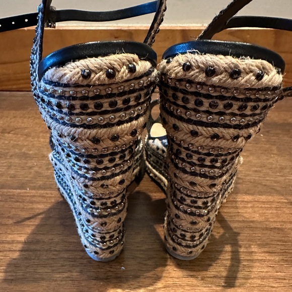 Schutz Black and Natural Espadrille Wedge Sandals with Stud Accents - Picture 10 of 11